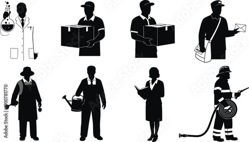 People silhouette vector illustration, farmer, gardener, scientist, delivery person, teacher, firefighter