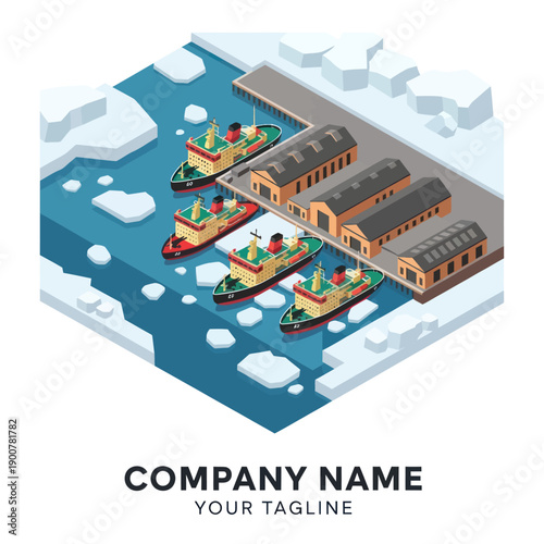 Isometric Illustration of Industrial Harbour with Boats.