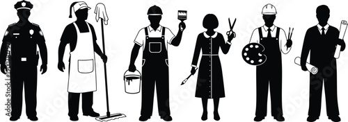 Professional worker people silhouette vector illustration including police janitor painter