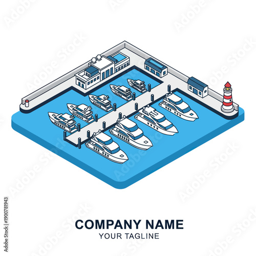 Isometric Marina with Boats and Lighthouse.