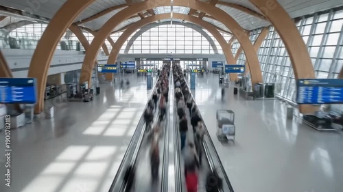 Travelers Move Through a Busy Airport Terminal During Peak Hours in the Early Evening
