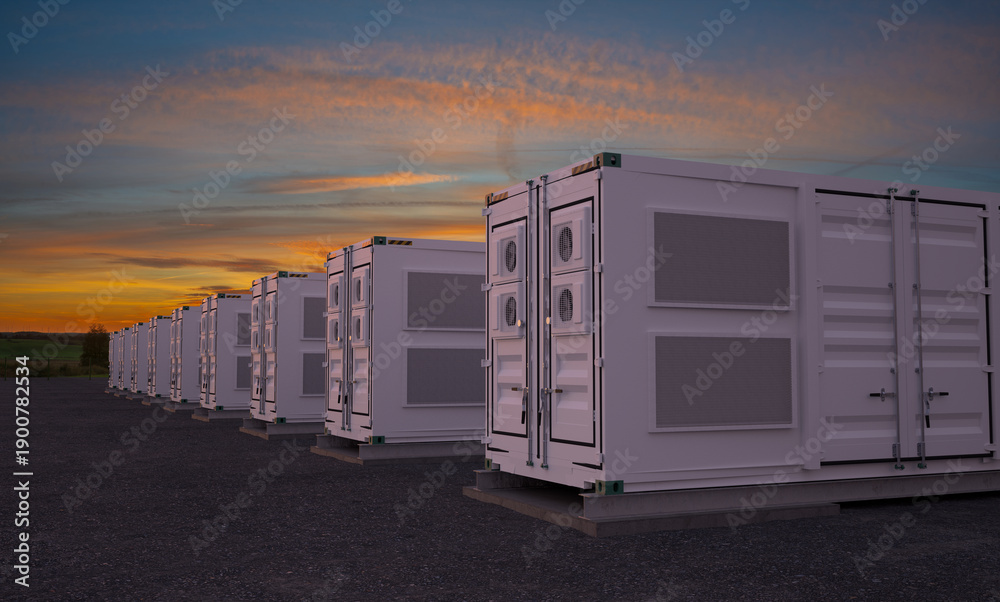 Naklejka premium battery storage. Large white container units with dramatic sunset.