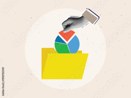 Black and white hand takes a circular diagram from a yellow folder. Modern collage style. Vector illustration