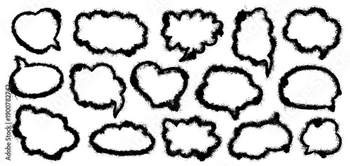 Set of black ink spray speech bubbles and comic talk balloons on white background. Grunge outline frames with rough splatter texture, blank shapes for text, quotes, chats and captions, posters in ads.