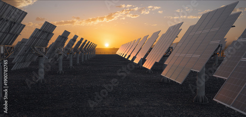Billede på lærred Solar panels with solar tracker  at sunset