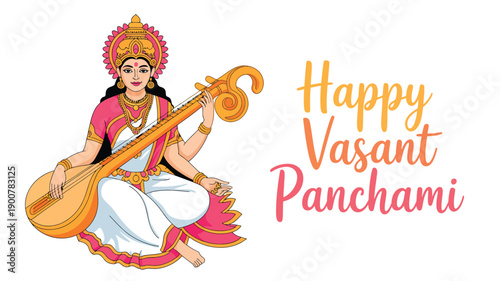 happy vasant panchami illustration featuring goddess saraswati with veena celebrating hindu spring festival, culture, knowledge and spirituality
