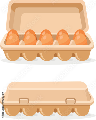 Ten brown eggs in a opened and closed cardboard egg carton. A container or tray for storing eggs. Farmer's market, fresh organic products. Flat vector.