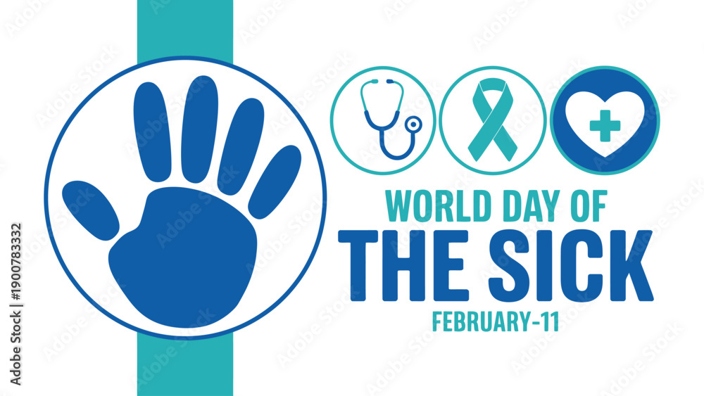 Obraz premium world day of the sick illustration with handprint, medical icons and awareness text highlighting healthcare support, compassion and global health care