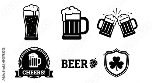 Black and white beer icons and logos with glasses and symbols