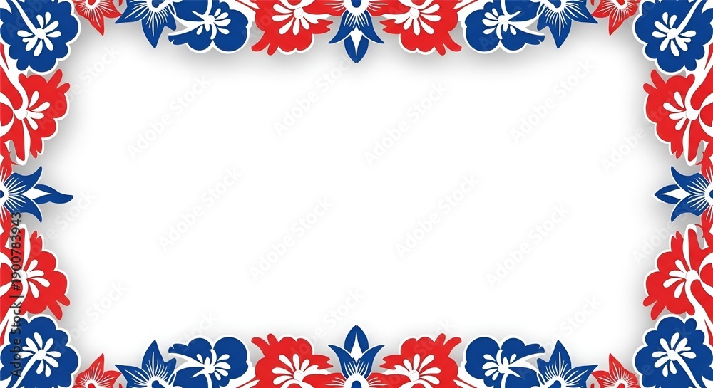 Obraz premium Decorative floral border with red and blue hibiscus flowers framing a blank white space.