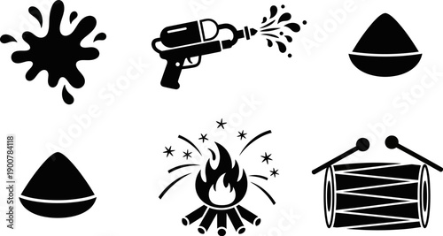 black and white icons of various objects including a spray gun and a drum