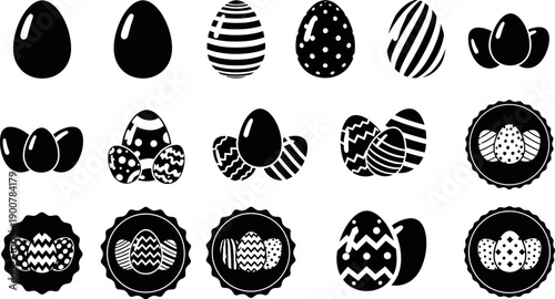 black and white easter eggs and decorated egg icons on white background