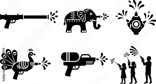 watergun fight with various colorful cartoon characters and objects on white background