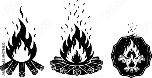Black and white illustrations of campfires in different styles and shapes burning brightly with flames and logs