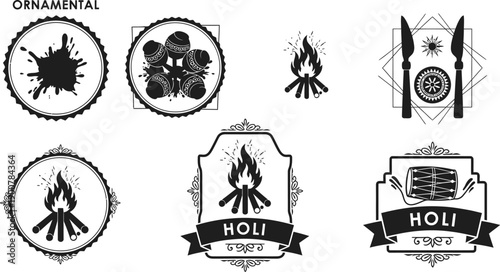 Holi festival graphic design elements with fire and drums on white background