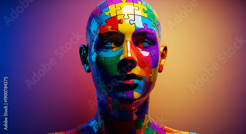 Vibrant puzzle person with colorful jigsaw pieces forming a face