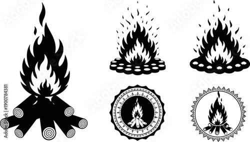 collection of campfire icons in black silhouette on white background