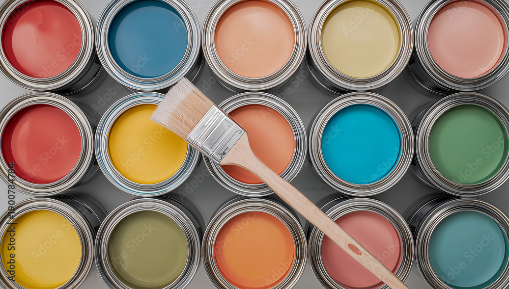 Fototapeta premium Assortment of colorful paint cans with a wooden brush laid across them
