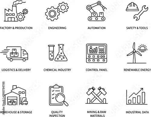 Professional Industrial Manufacturing and Smart Factory Engineering Line Icon Set