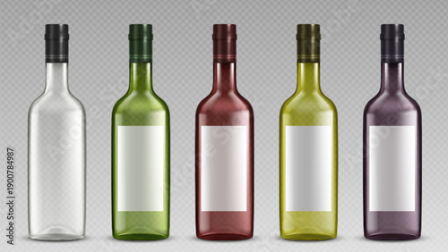 Alcohol drink bottles set isolated on transparent background. Vector realistic illustration of glass containers for wine, whiskey, vodka, or tequila with caps and labels, blank package mockups