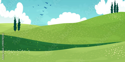 Green mountain meadows, rolling hills under blue sky with white clouds, vector illustration. Natural spring landscape backgrounds with grass fields, trees and flying birds
