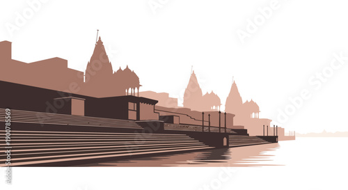 Sunrise over a holy riverfront cityscape with traditional architecture