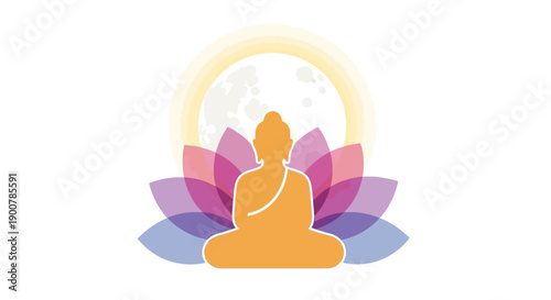 Serene Buddha meditating within a lotus flower under a full moon