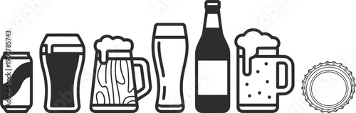 Beer Glasses and Bottles Line Art Icon Set Illustration.
