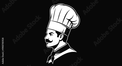 Black and White Vector Illustration of a Professional Chef with Mustache Wearing a Hat for Restaurant Branding and Food Service