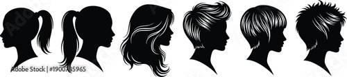 Black and White Vector Illustration Set of Women Hairstyles Featuring Ponytail Bob Cut Braid and Bun for Beauty Salon Branding