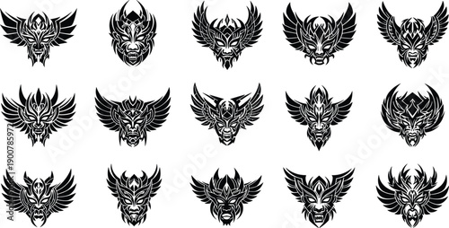 Black and White Vector Illustration Set of Fifteen Winged Tribal Warrior Masks for Gaming Logos Ethnic Tattoos and Artistic Branding