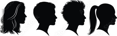 Black and White Vector Silhouette Illustration Set of Four Women with Different Fashionable Hairstyles in Side Profile View for Beauty