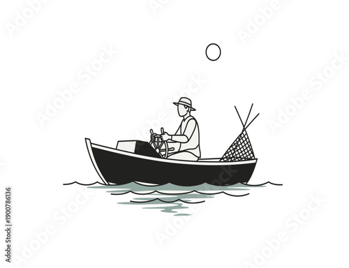 A tranquil scene of a lone fisherman on a small boat under the moon