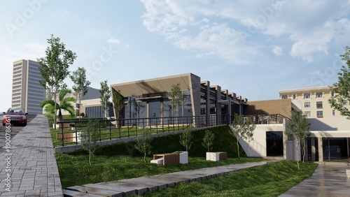 Wallpaper Mural Modern Commercial Building Architecture with Landscaped Green Hillside and Cityscape Background, 3D Render Torontodigital.ca