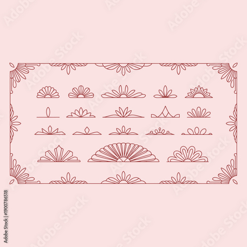 Decorative floral fan shapes and corner in dark red outline on a pale pink background