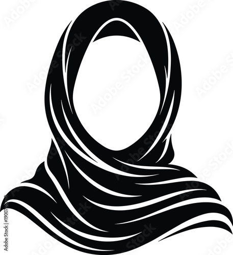 Black and White Vector Silhouette Illustration of a Muslim Woman Wearing a Hijab Headscarf for Islamic Modest Fashion Beauty Branding