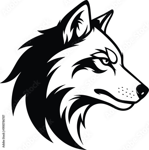 Black and White Vector Silhouette Illustration of a Powerful Wolf Head for Wildlife Conservation Predatory Animal Branding and Tribal Tattoo