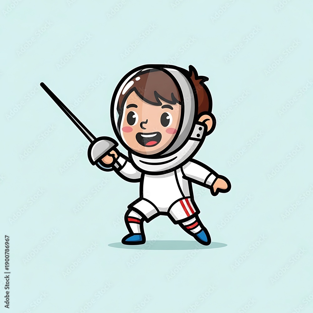 Fototapeta premium Cartoon Boy Fencing with Sword and Mask.