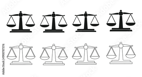 A series of scales of justice illustrations in black and white