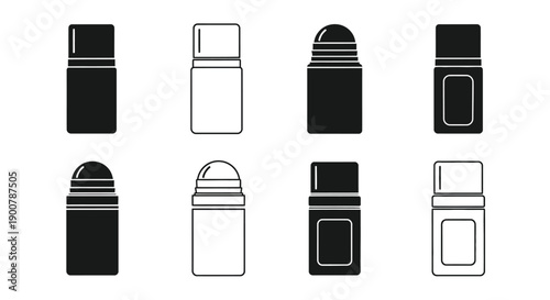 Eight black and white deodorant stick illustrations on a white background