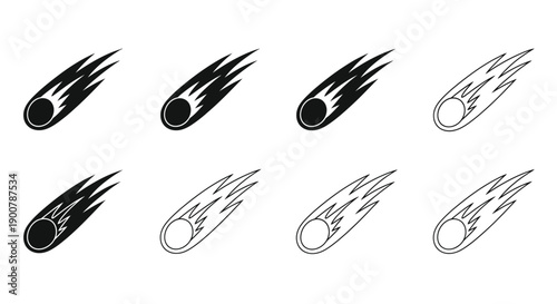 Eight stylized depictions of comets with fiery tails arranged in a grid