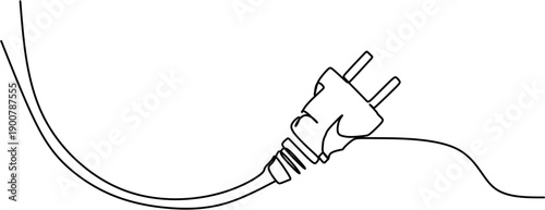 Continuous one line drawing of electric plug with power cable minimalist vector illustration