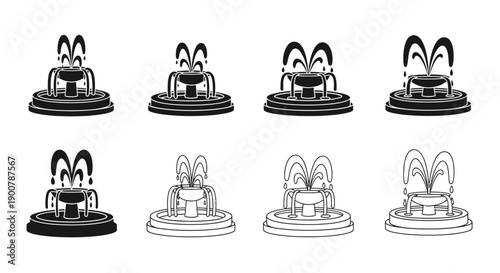 Eight variations of a tiered fountain design in black and white