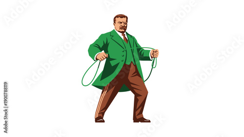 Theodore Roosevelt Illustration Holding Lasso Vector. Vintage Style Portrait of US President in Green Suit, Capturing Leadership and American History.