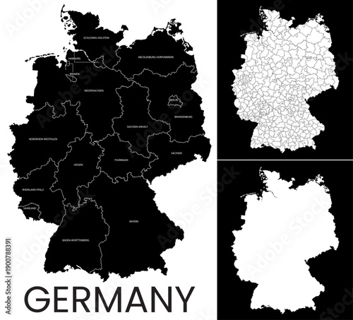 Germany map, black silhouette with borders of federal states isolated on white background, vector illustration