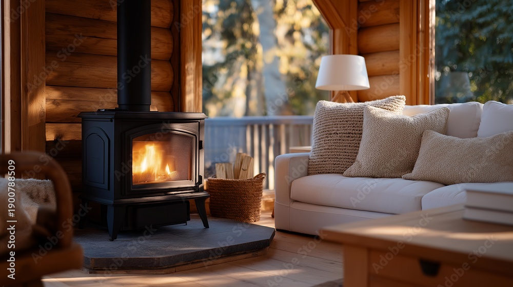 Naklejka premium An interior scene of a cozy cabin featuring a thermal wood-burning stove, surrounded by rustic decor, ideal for home improvement and interior design discussions focusing on warmth and