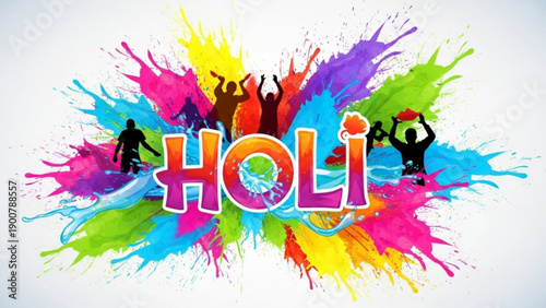 Vibrant holi celebration with colorful paint splashes and silhouettes of joyful people