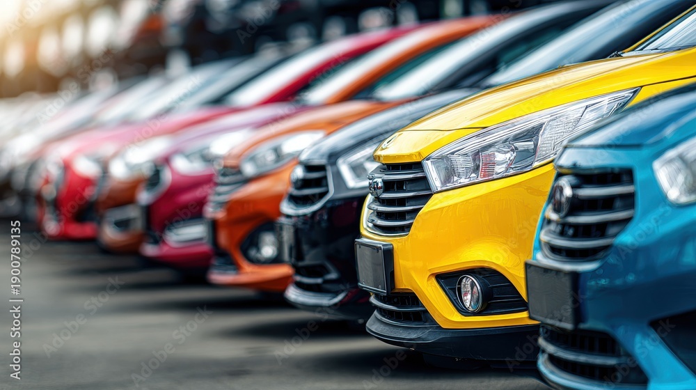 Obraz premium Row of colorful new cars parked in a dealership lot