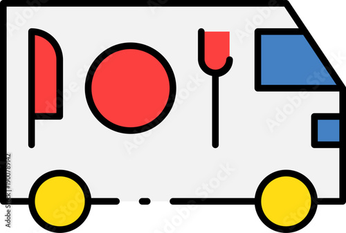 Food truck illustration featuring a serving window, utensils, and a meal on a simple white background viewed from the side