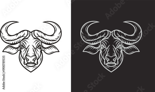 Detailed illustration of a powerful buffalo or bull head with large horns, presented in both black-on-white and white-on-black stylized versions.